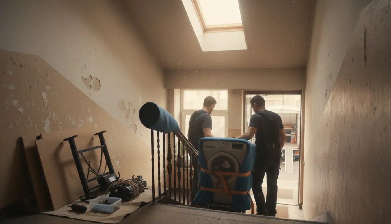 Flytning af vaskemaskine ned ad smal trappe fra 5. sal med demonterede skrivebordsdele og flytteudstyr.