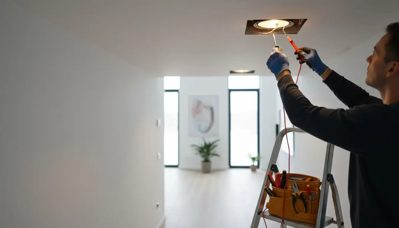 Elektriker på en stige undersøger en indbygget loftspot i en moderne entré, med værktøj og handsker, ansigtet er ikke synligt.