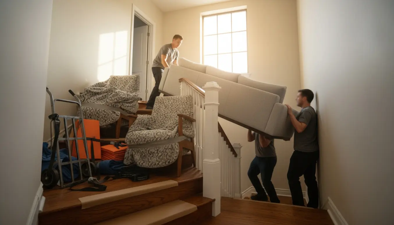 Tre flyttemænd bærer en sofa og to stole op ad trappen til 2. sal i en lys opgang.