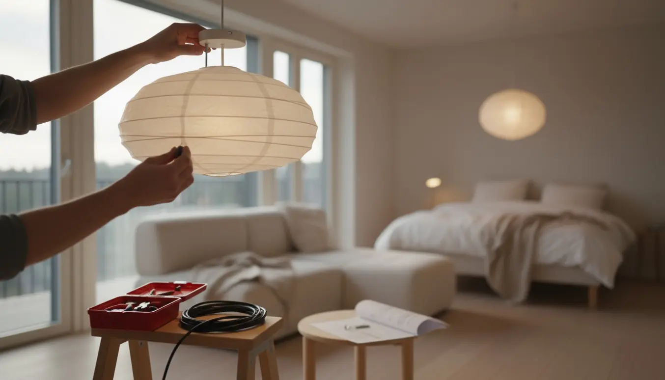 Hænder monterer en risspapirslampe i loftet i et lyst skandinavisk rum, mens en identisk lampe hænger i baggrunden.