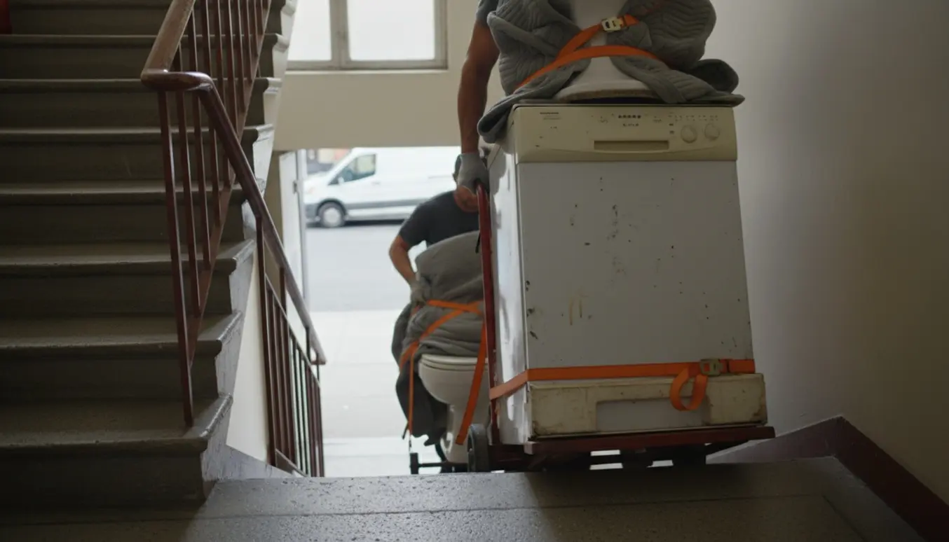 To personer bærer et toilet og en opvaskemaskine ned ad en trappe mod en parkeret varevogn.