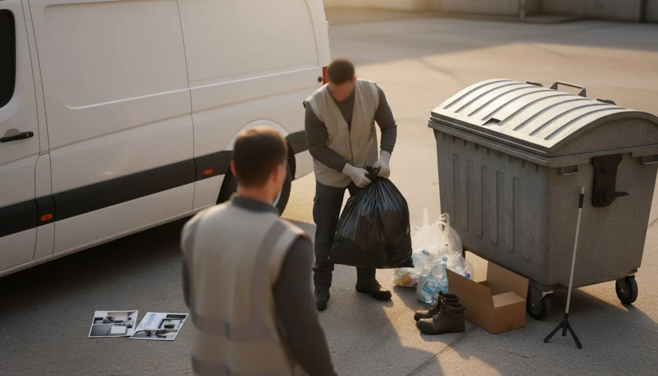 Person læsser en sort affaldspose i en åben container ved en varebil, med utydelige referencefotos på bagsmækken.