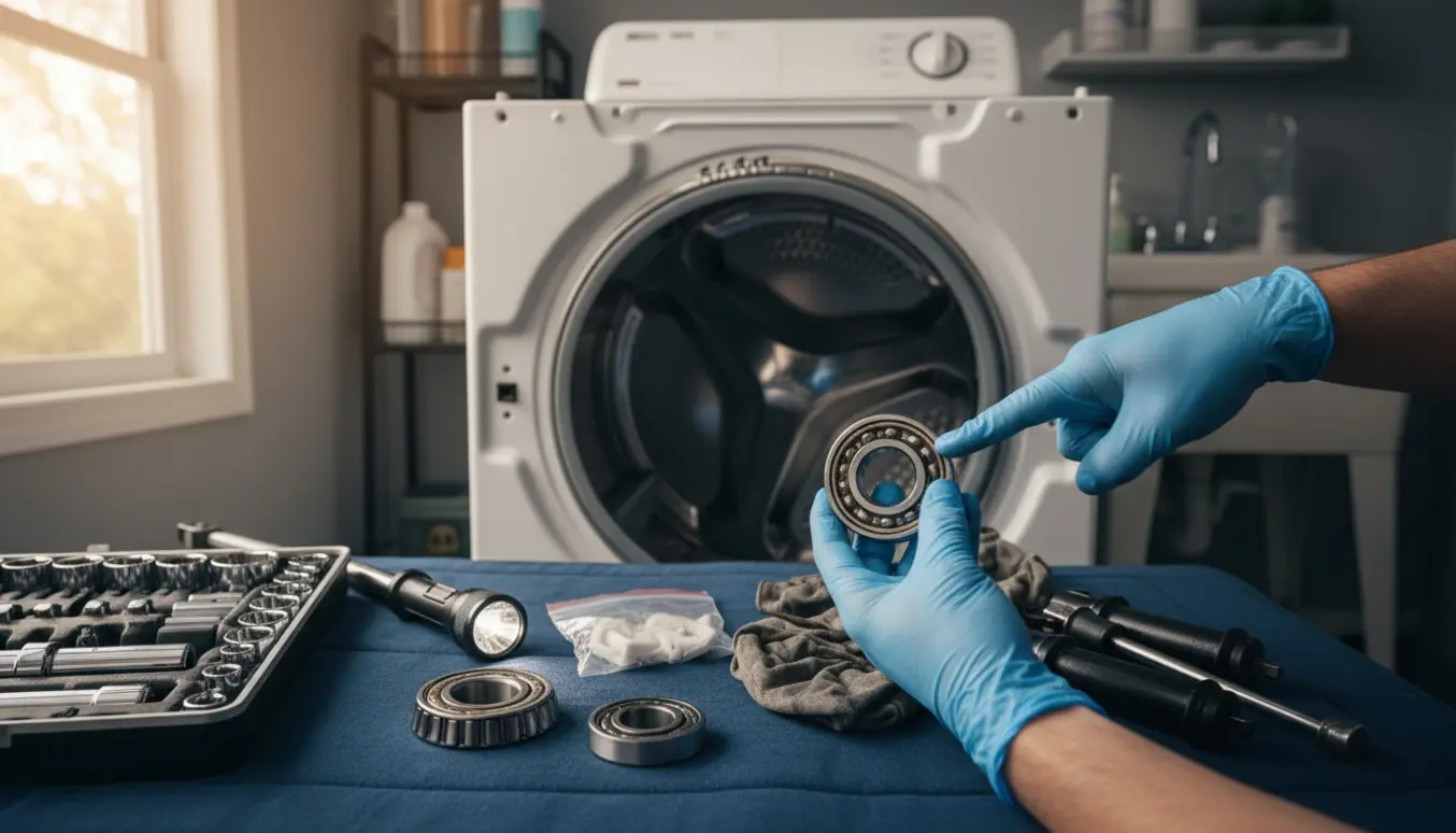 Hænder holder et slidt tromleleje foran en åben vaskemaskine/tørretumbler i et lyst vaskerum.