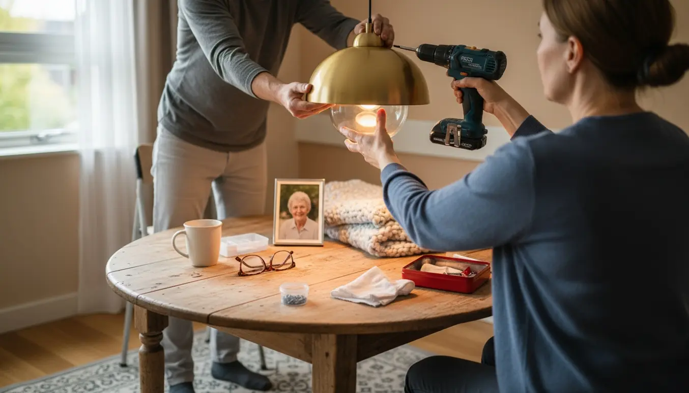 En plejeperson installerer en varm pendel over et spisebord i en hyggelig plejehjemslejlighed.