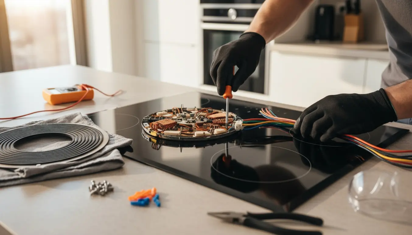 Hænder udskifter en elektrisk kogeplade i et moderne køkken med værktøj på bordet.