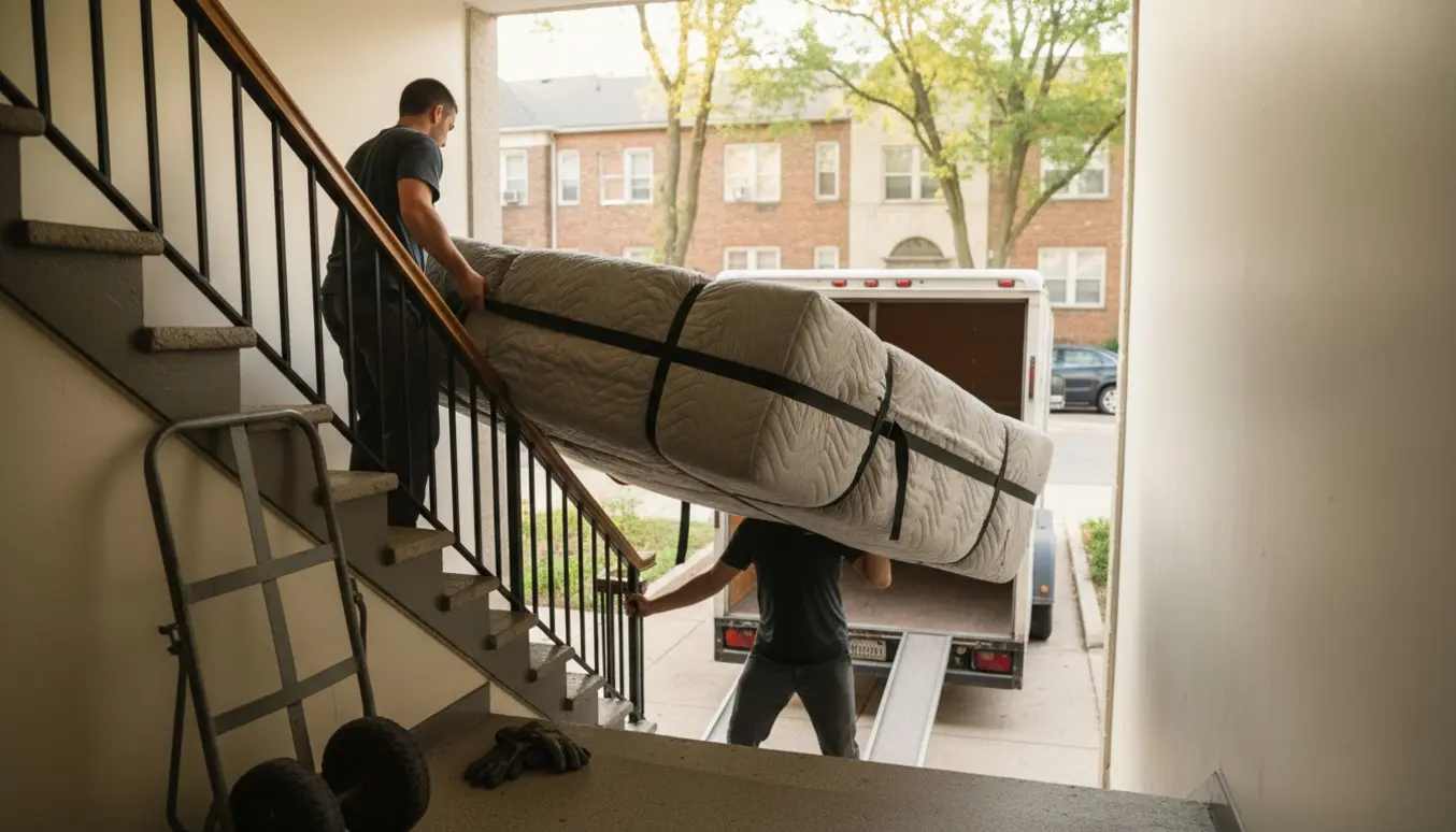 To personer bærer en stor kontinentalseng ned ad en trappe og læsser den på en trailer på en boliggade.
