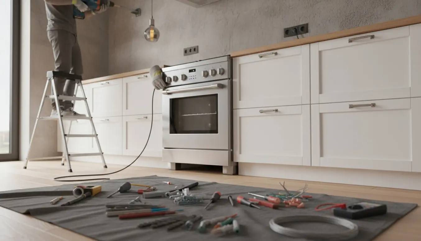 Fritstående ovn sættes på plads i et køkken, mens en loftlampe monteres i et betonloft.