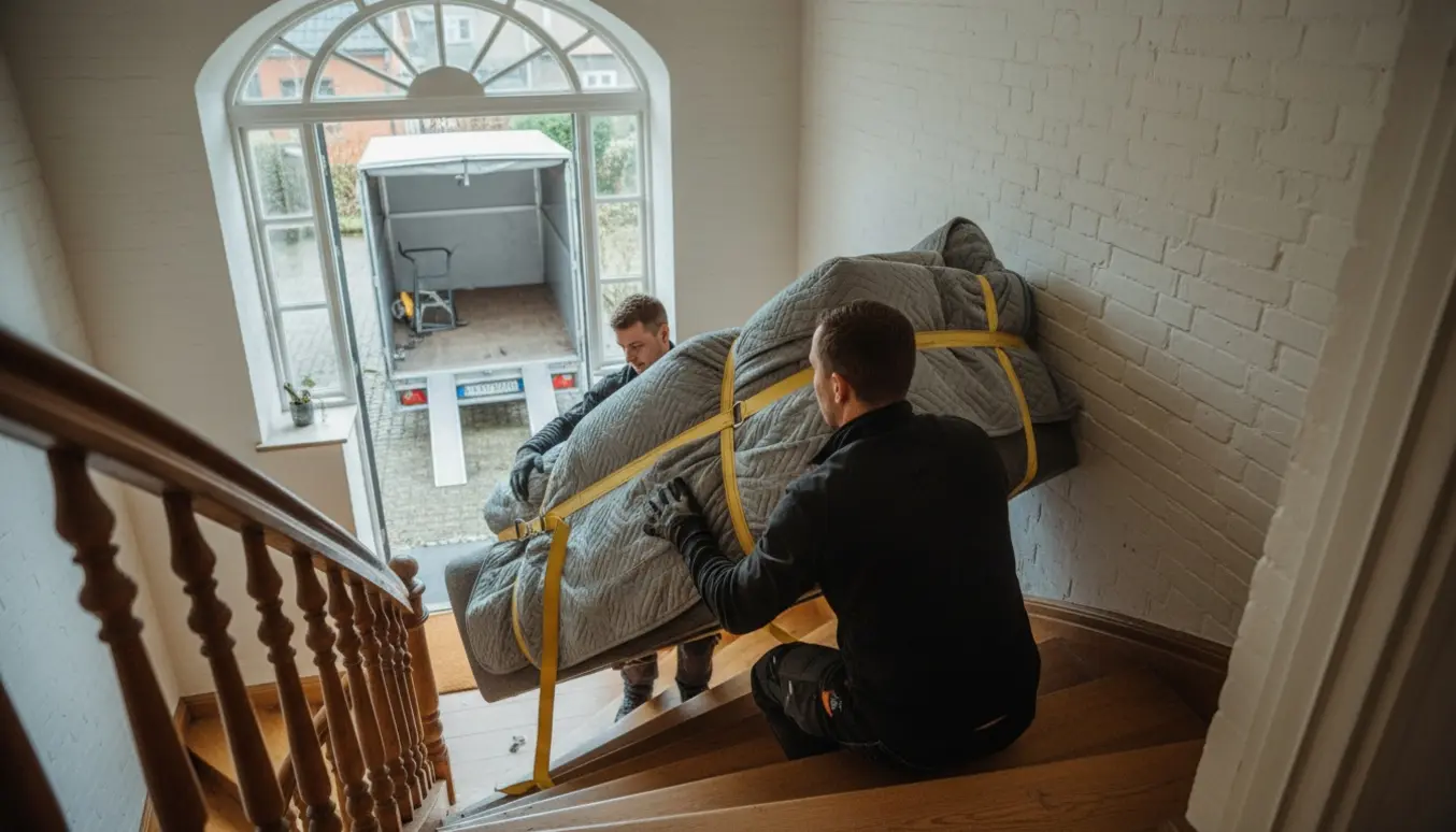 To mænd bærer en lang sofa ned ad en smal snoet trappe mod en trailer i en have i Hillerød.