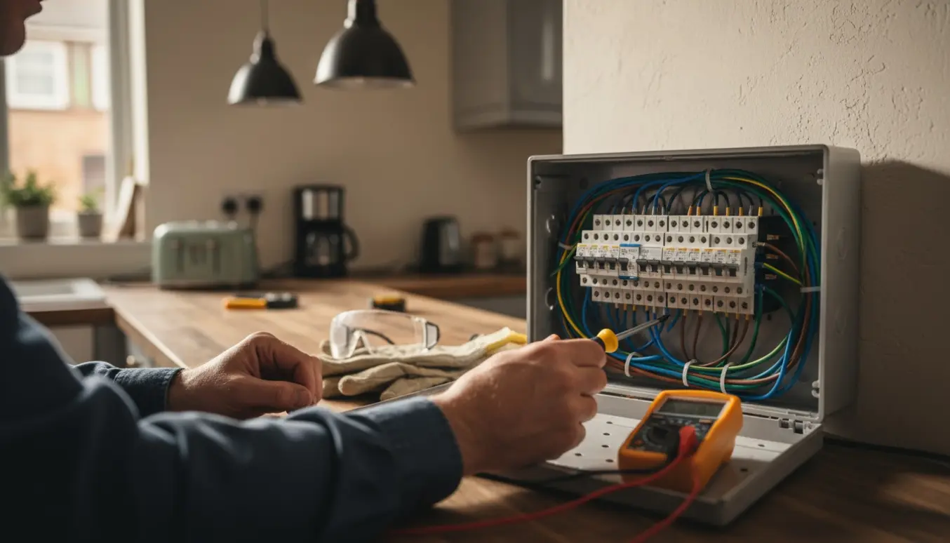 Hænder i isolerede handsker undersøger en åben eltavle i et køkken uden strøm.