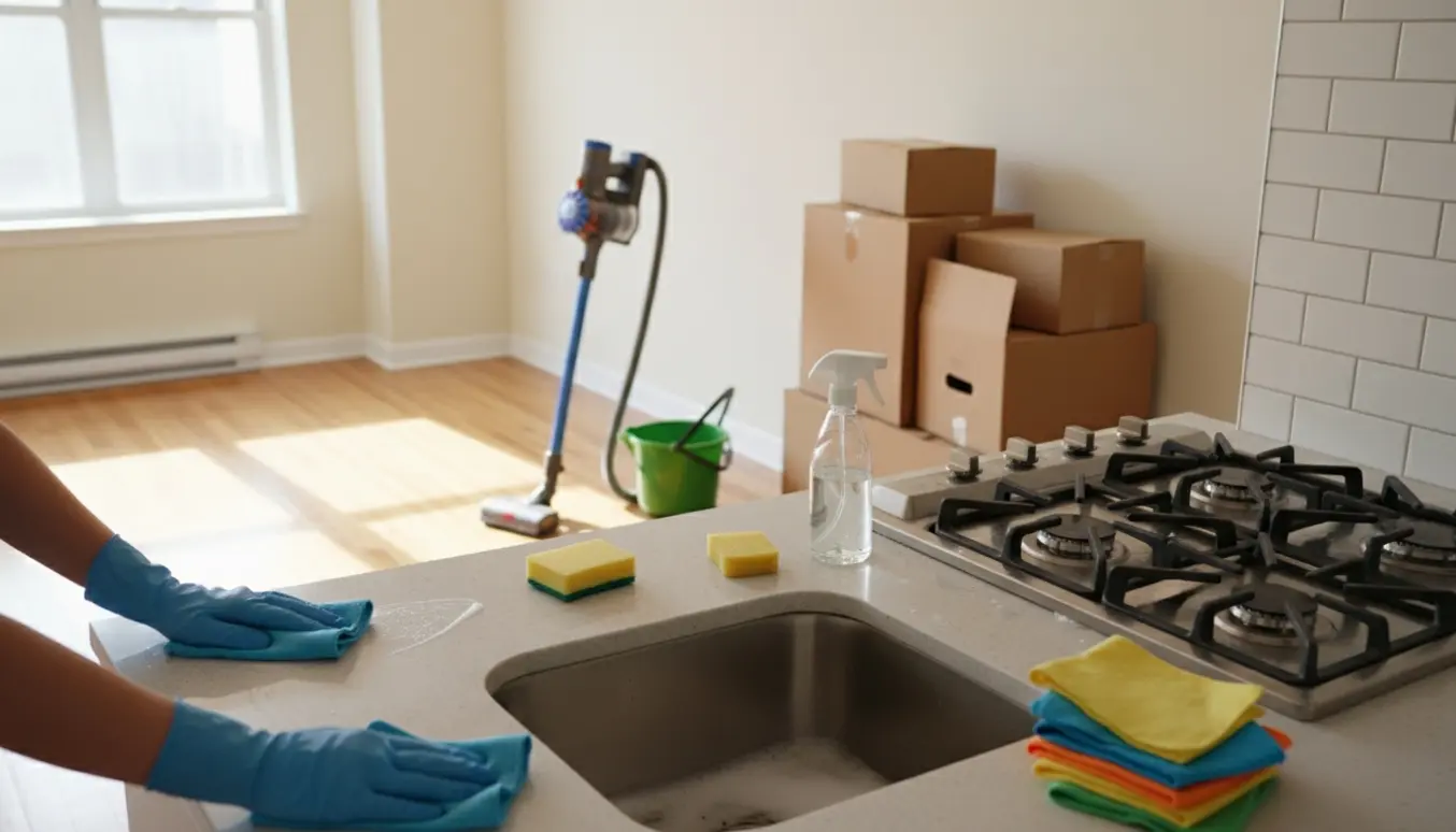 Solbeskinnet, nyligt rengjort lejlighed med rengøringsudstyr og pakkede flyttekasser.