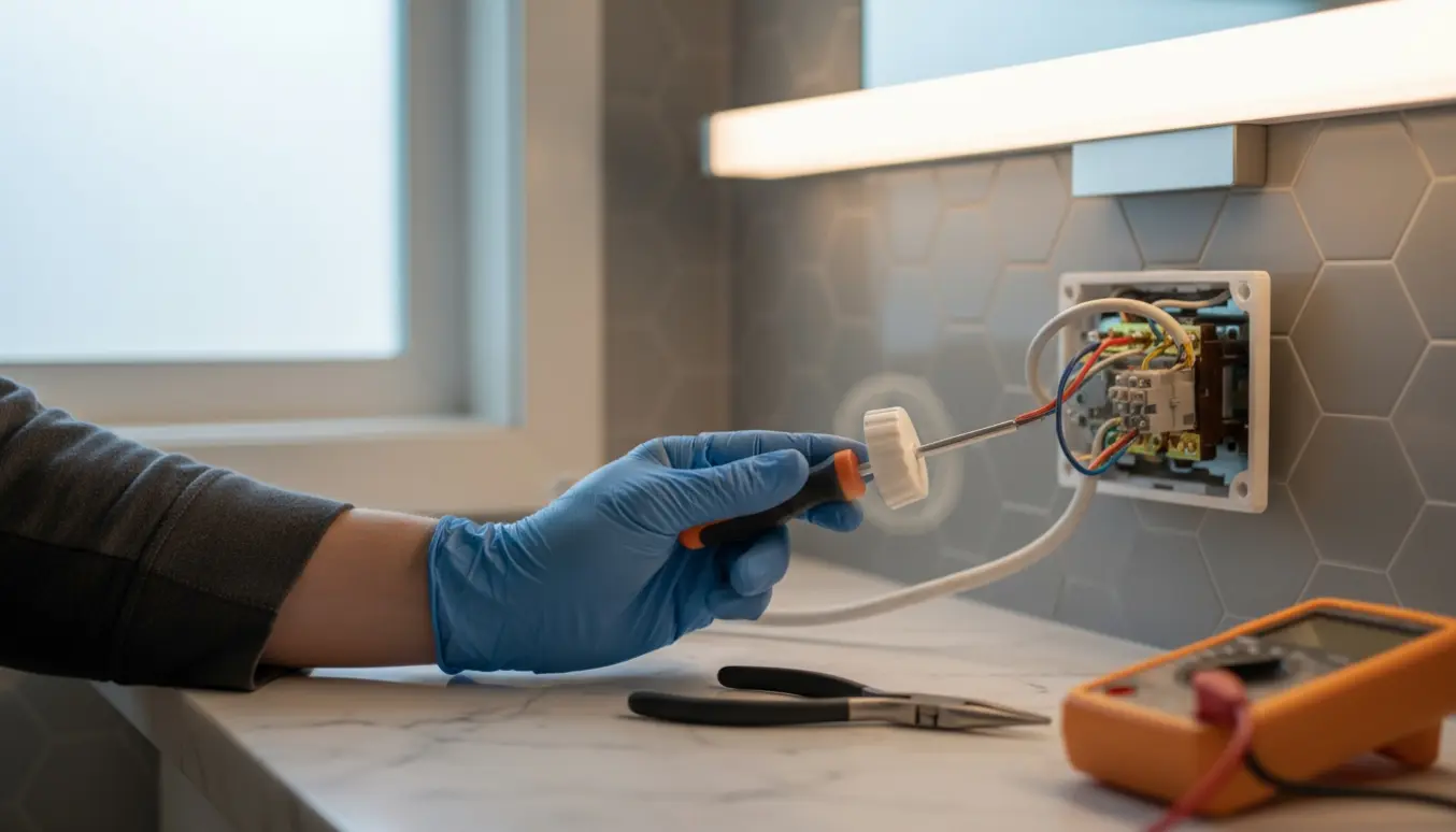 Åben dæmperkontakt i badeværelset med værktøj, hvor en hånd justerer ledninger.