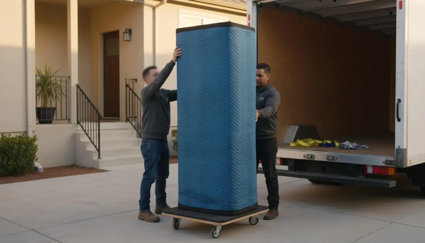 Et træskab pakket i flyttetæpper løftes ind i en ubrandet flyttevogn fra en carport, mens to hjælpere med slørede ansigter guider det.