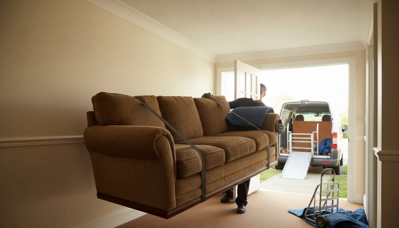 To personer bærer en stor sofa gennem en smal entré ud mod en varevognsrampe.