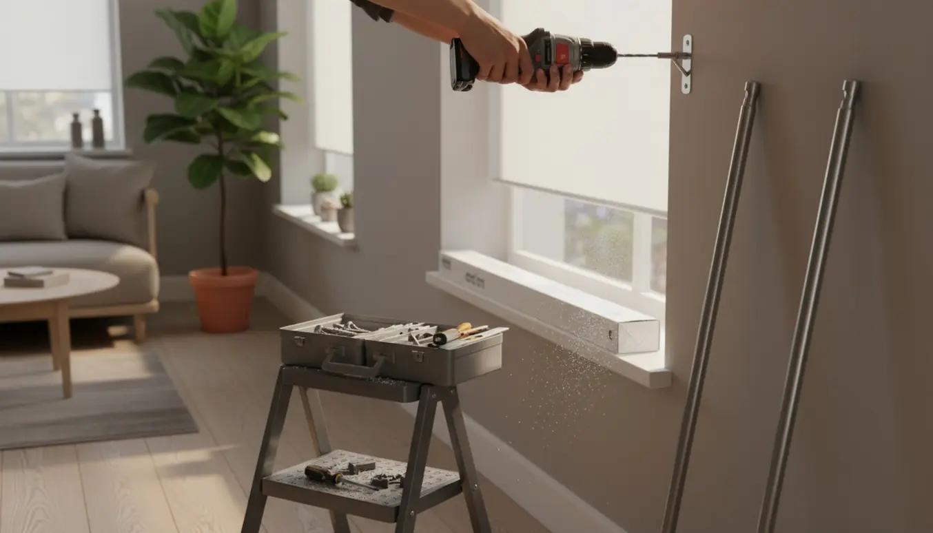Hænder monterer et rullegardin og gardinstænger ved et vindue i en lys, moderne stue.