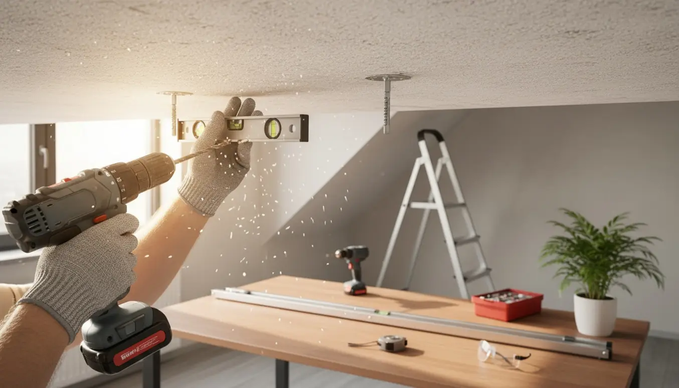 Nærbillede af montering af gardinstang i et kontorloft med boremaskine, stige og værktøj.