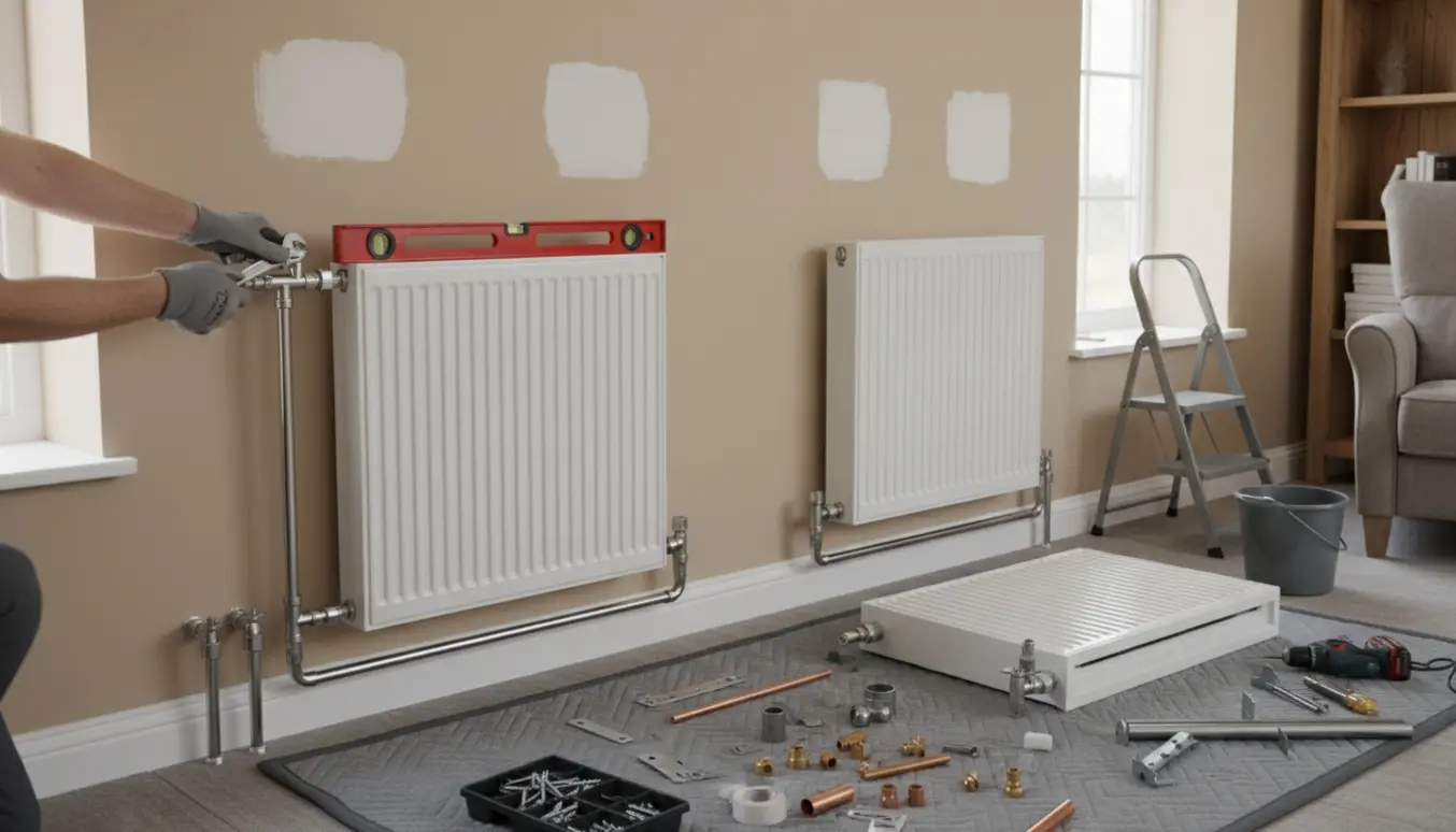 To hvide dobbelt-radiatorer bliver monteret i en lys stue med rør, fittings og en montørs handsker i arbejde.