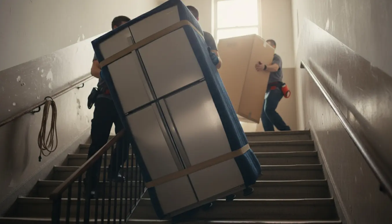 Flyttemænd bærer et køleskab i en opgang på fjerde sal med flytteudstyr og beskyttelsesdækken.