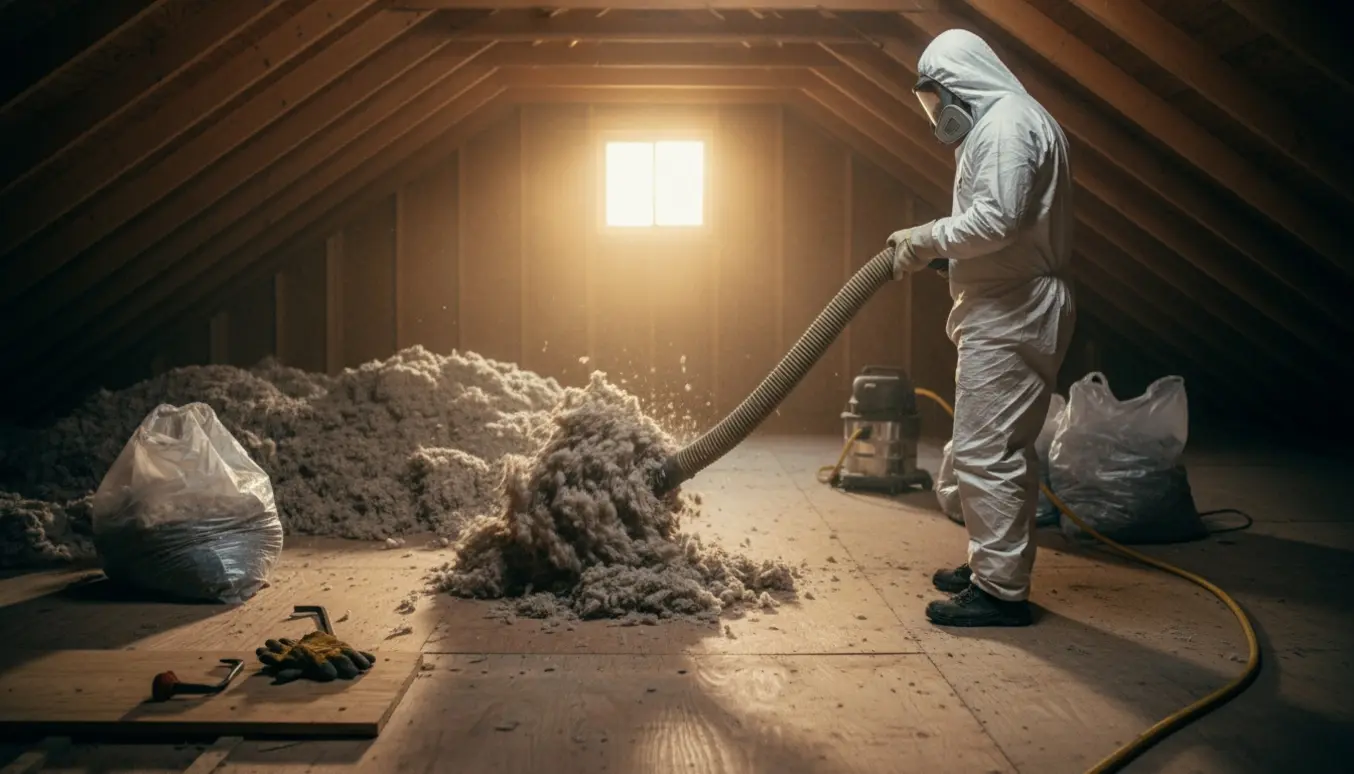 Håndværker i beskyttelsesdragt fjerner papirsuldisolering i et loft med en kraftig udsugningsslange.