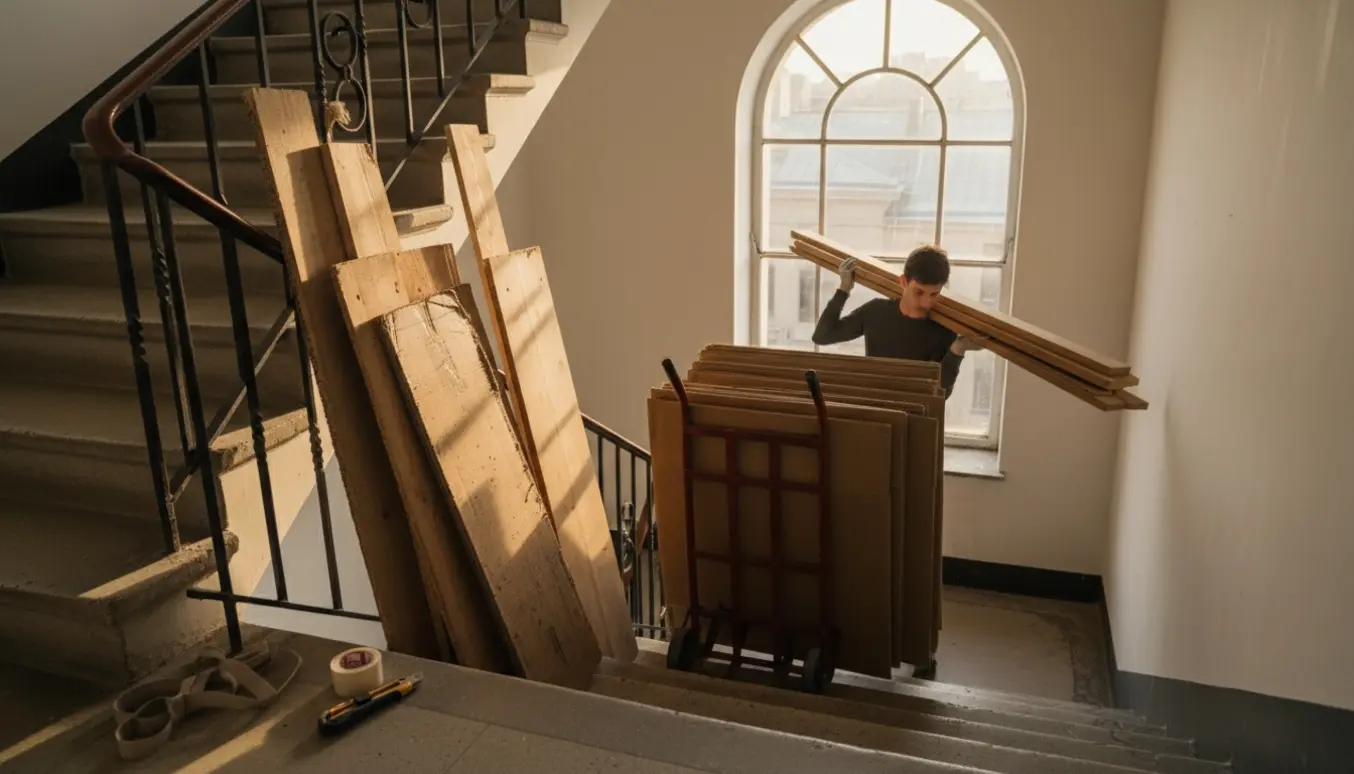 Sammenstablet pap og brædder på en lejlighedstrappe klar til afhentning fra 4. sal.