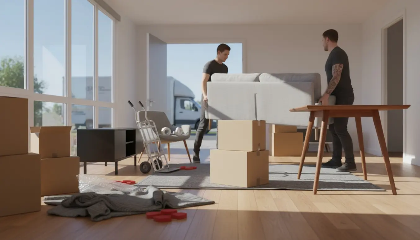 To personer løfter en sofa i en lys lejlighed med tv-bænk, bord og flere umarkerede papkasser.