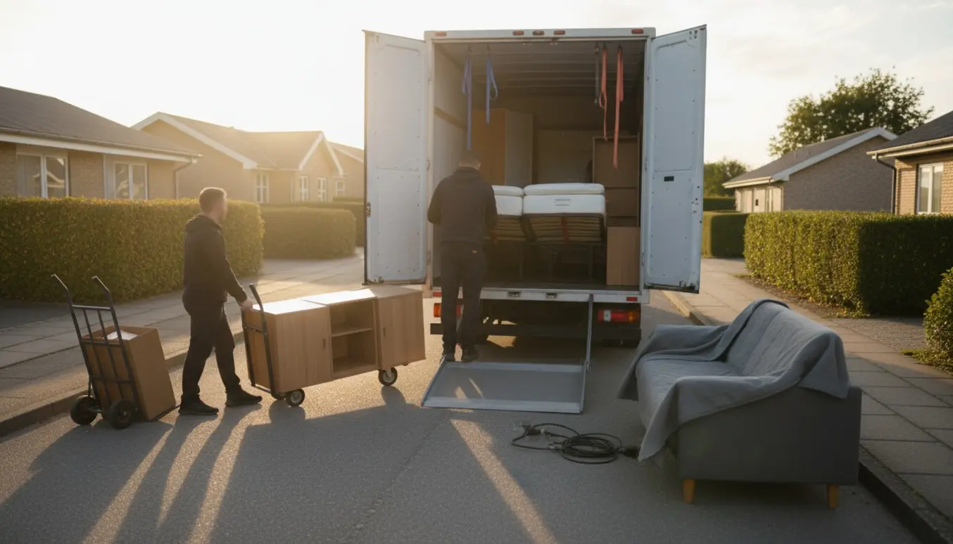 Flyttefolk læsser en varevogn med to elevationssenge, tre skabe, en to-personers sofa og en sovesofa.