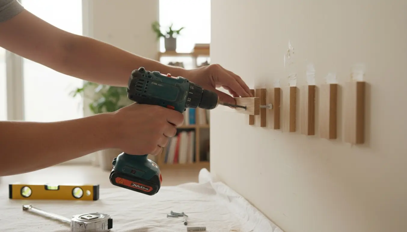 Nærbillede af hænder, der skrue små trælister fast i en væg med bore- og skruemaskine.