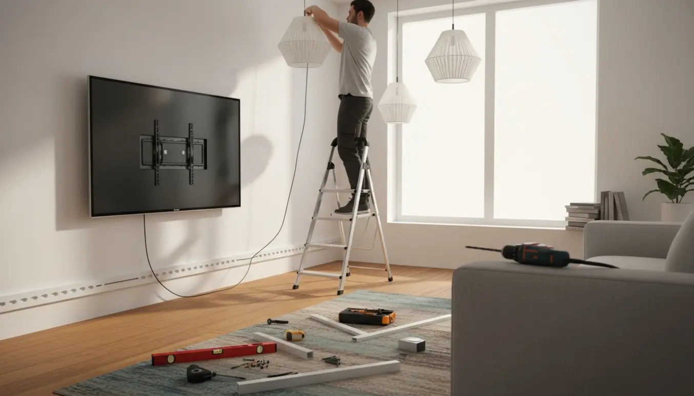 Tekniker monterer tre lamper og ophænger et TV med ledninger skjult i kabelister i en lys, moderne stue.