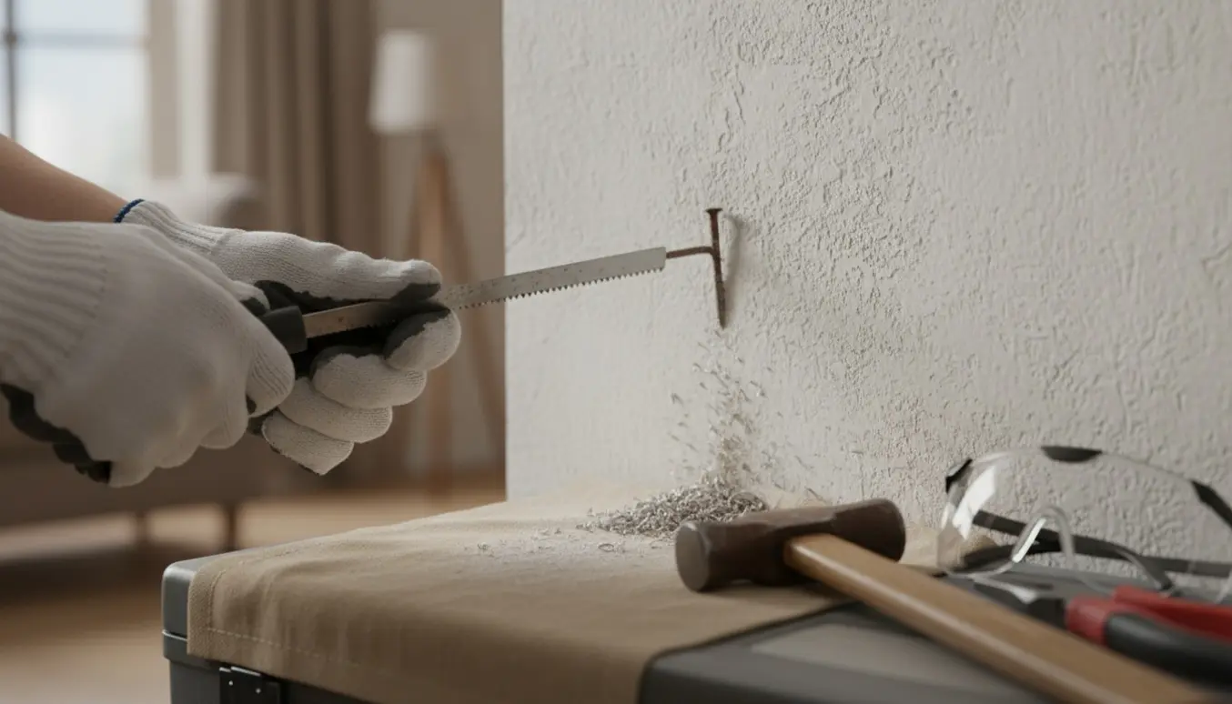 Nærbillede af handsker, der saver et søm af i en gipsvæg med en hammer klar ved siden af.