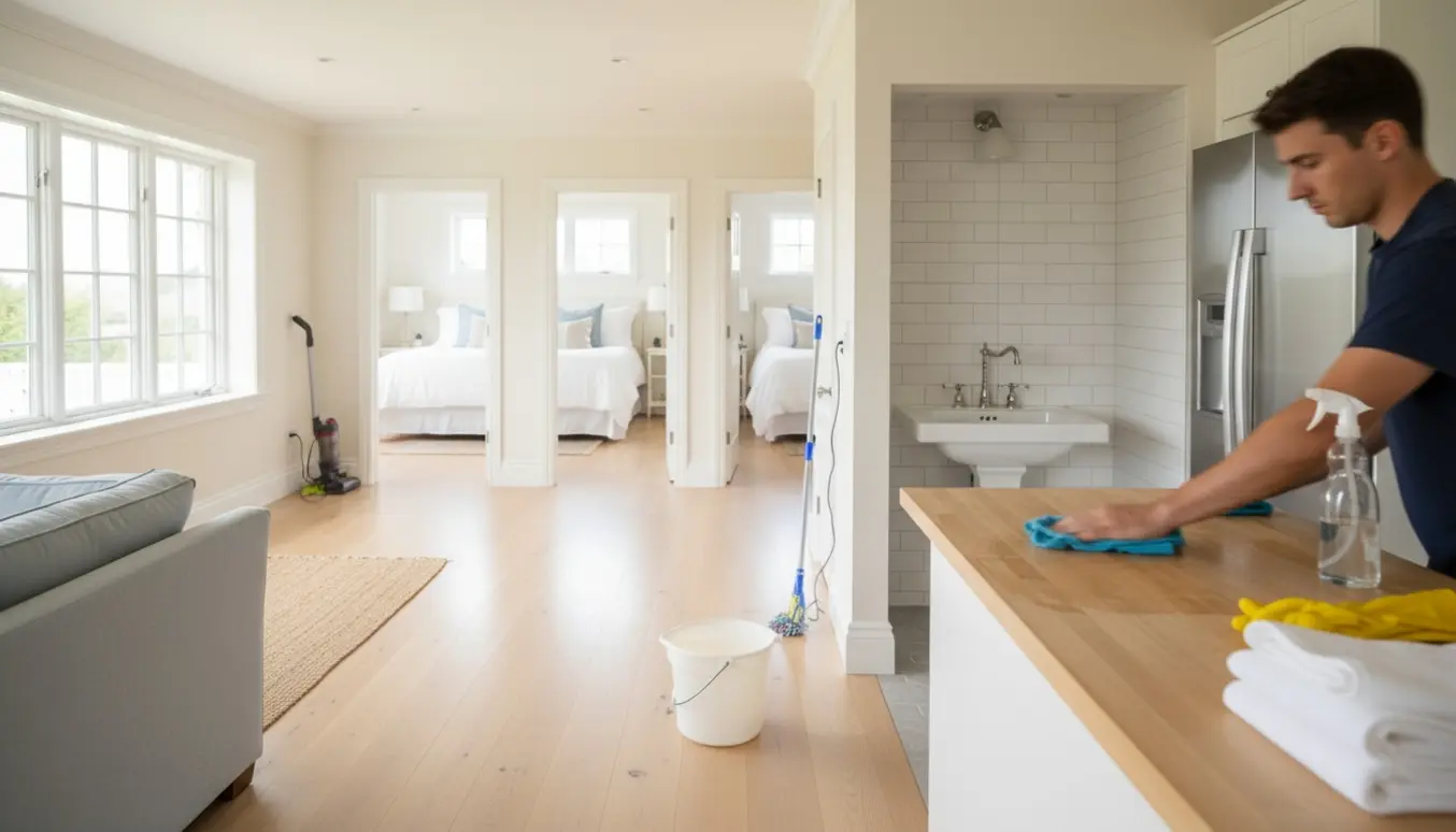 Solfyldt sommerhusinteriør rengjort mellem udlejninger med rengøringsudstyr og foldede håndklæder.