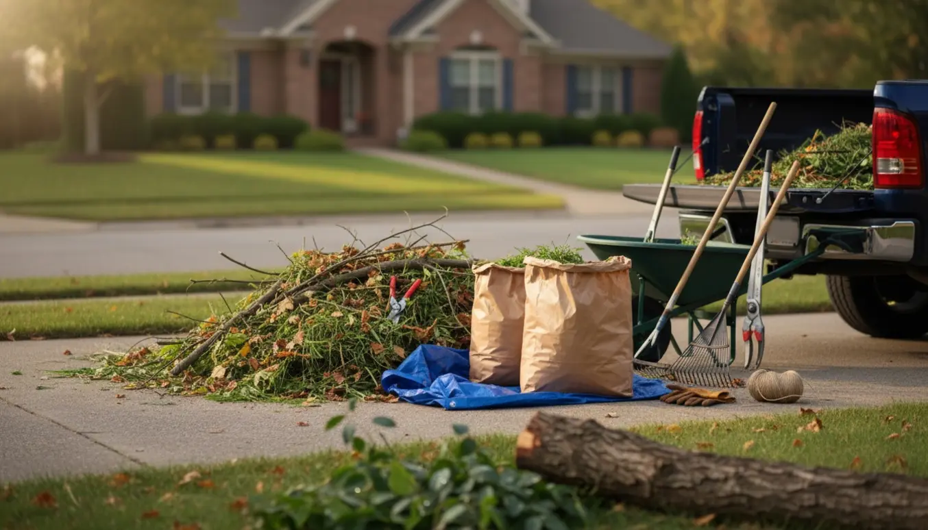 Bunke haveaffald med afklip og mellemstore grene i en indkørsel klar til afhentning.