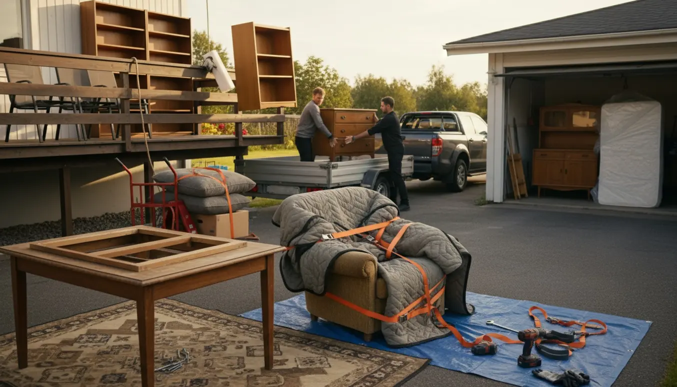 Møbler fra altan og garage pakkes og læsses på en trailer i indkørslen ved et parcelhus.