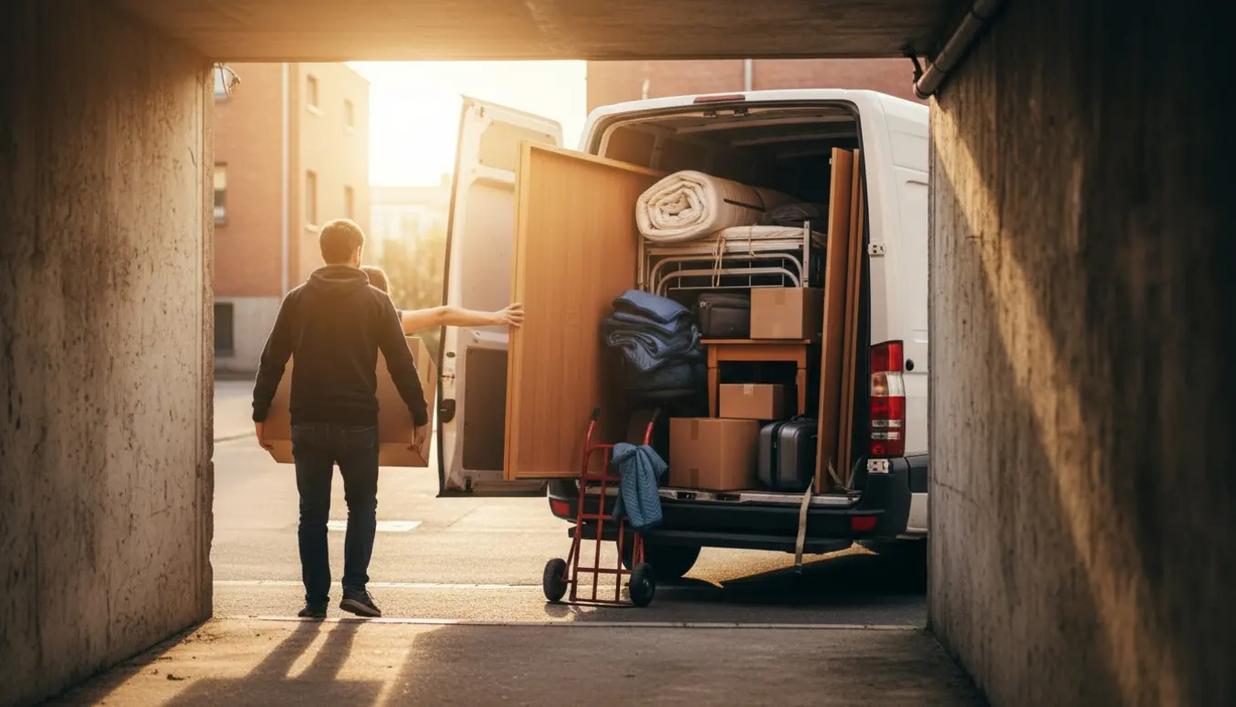 To personer bærer møbler og kasser fra en kælder op til en varevogn med åben bagdør.