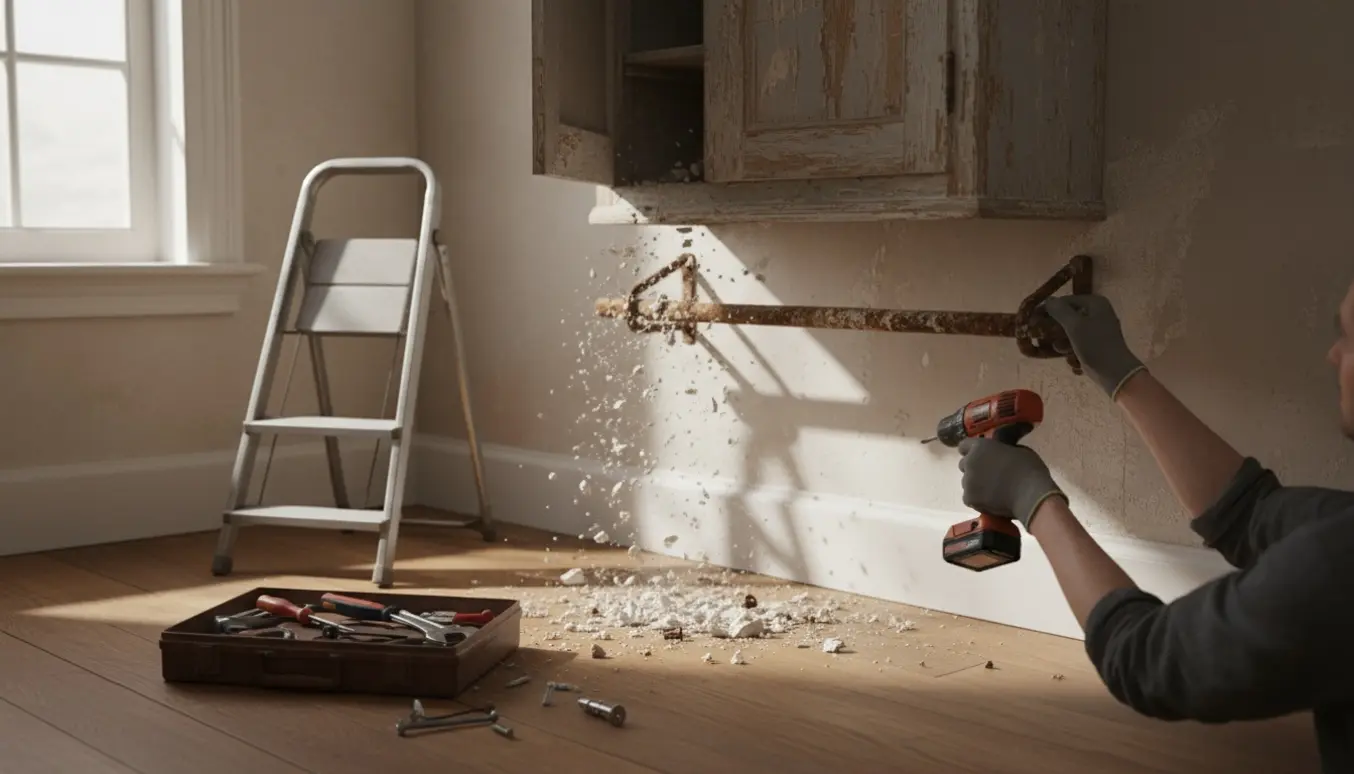 Hænder tager et gammelt vægskab og en jernstang ned fra væggen med værktøj og stige i rummet.