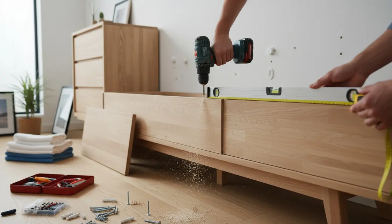 Delvist samlet skænk og kommode ved en væg med borehuller og værktøj, hvor hænder bruger en boremaskine.