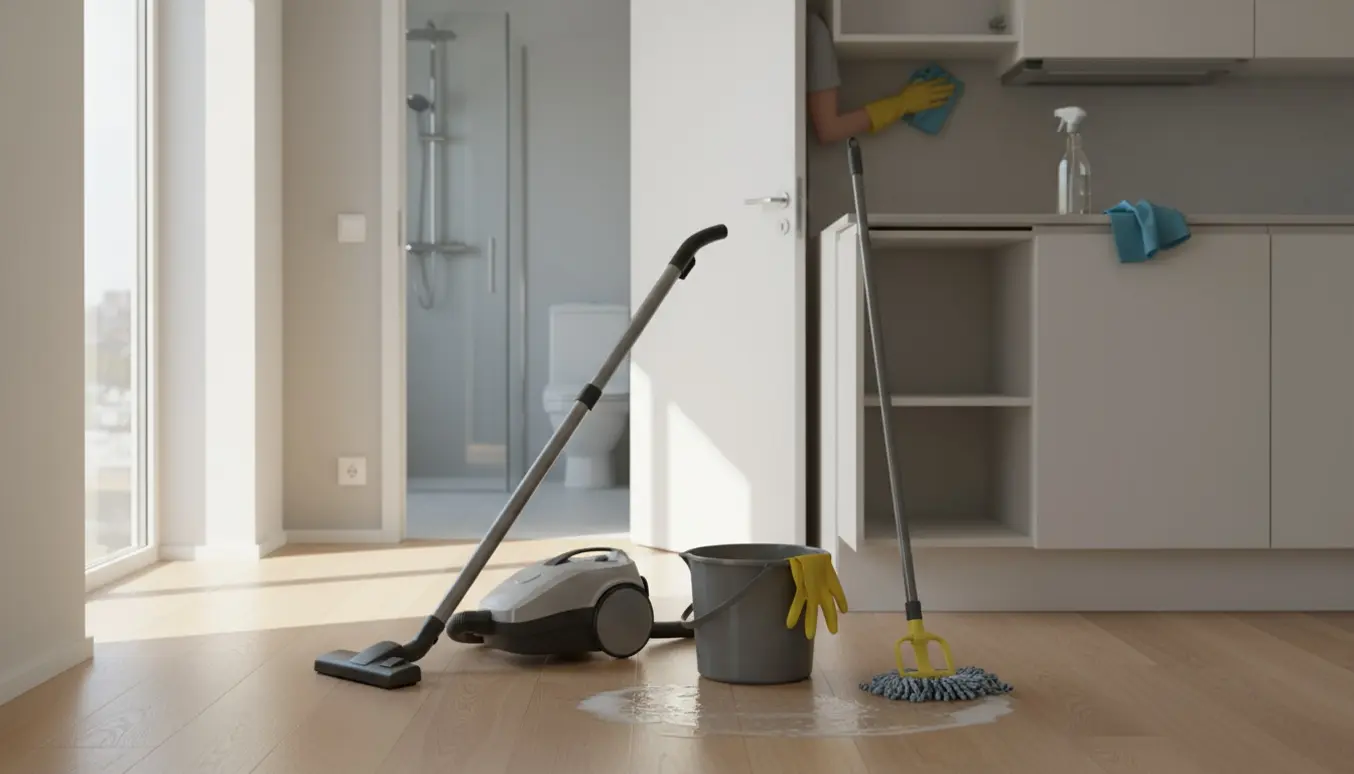 Rengøringsudstyr og hænder i handsker pudser åbne køkkenskabe i en lys, tom lejlighed med synlig brusekabine i baggrunden.