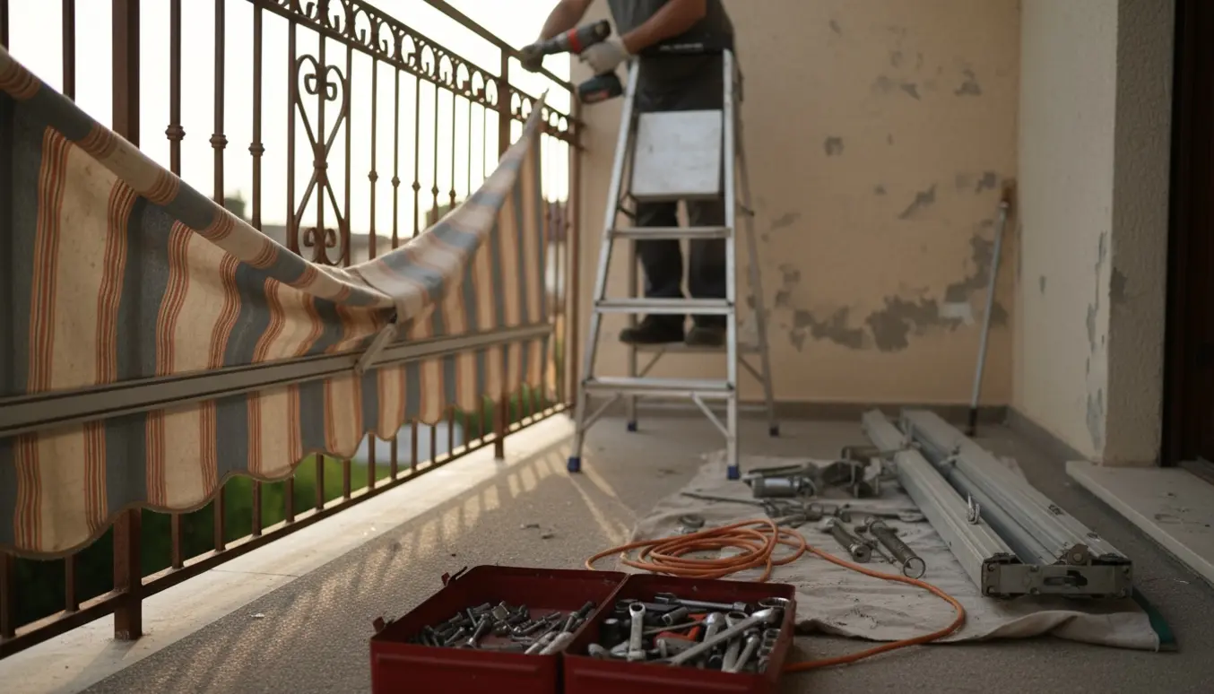 Fjernelse af en gammel markise fra en terrasse med værktøj og en person uden synligt ansigt.