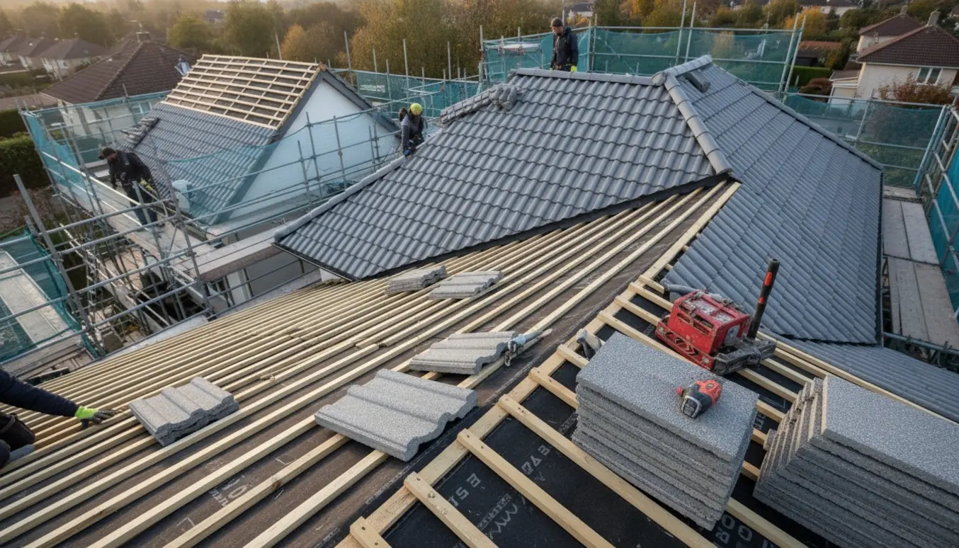 To huse får nyt betontag, håndværkere lægger grå betontagsten på stillads.