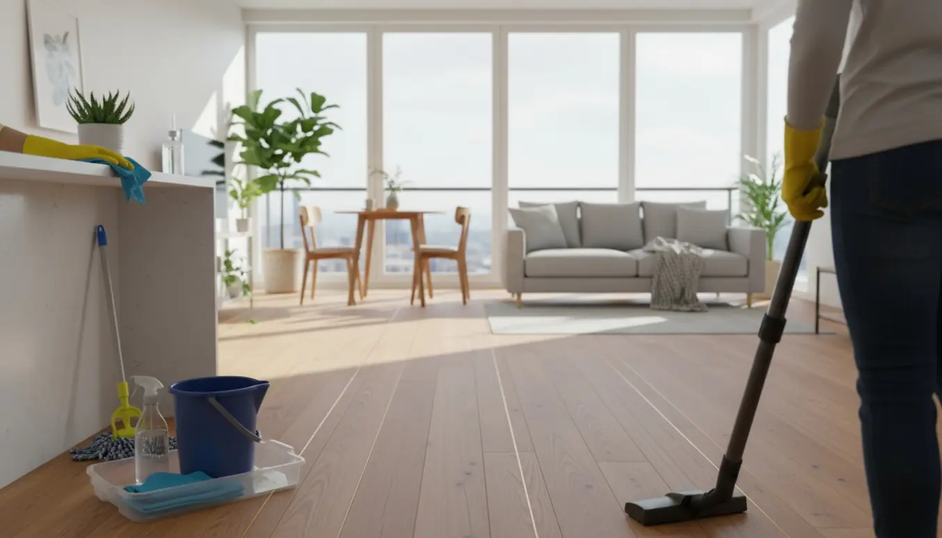 Hænder i handsker støvsuger og tørrer af i en lys, rummelig lejlighed med moppe og rengøringsmidler.