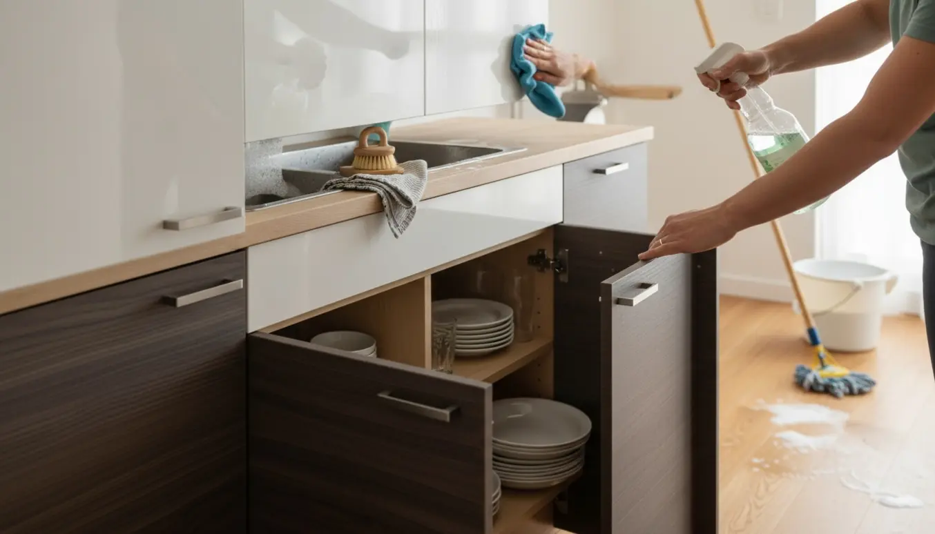 Hænder tørrer køkkenskabe af med en mikrofiberklud, mens et gulv bliver mopppet i et lyst, rent køkken.