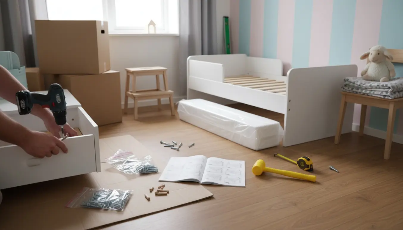 Samling af juniorseng og Malm-kommode i et lyst børneværelse med værktøj og fladpakkede kasser.