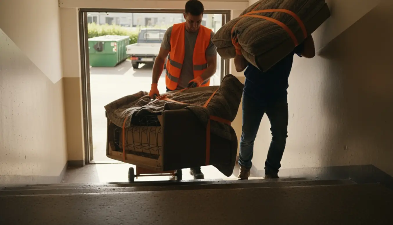 To personer bærer en tung, adskilt sofa ned ad en trappe mod en losseplads, med sofaens ramme og puder synlige.