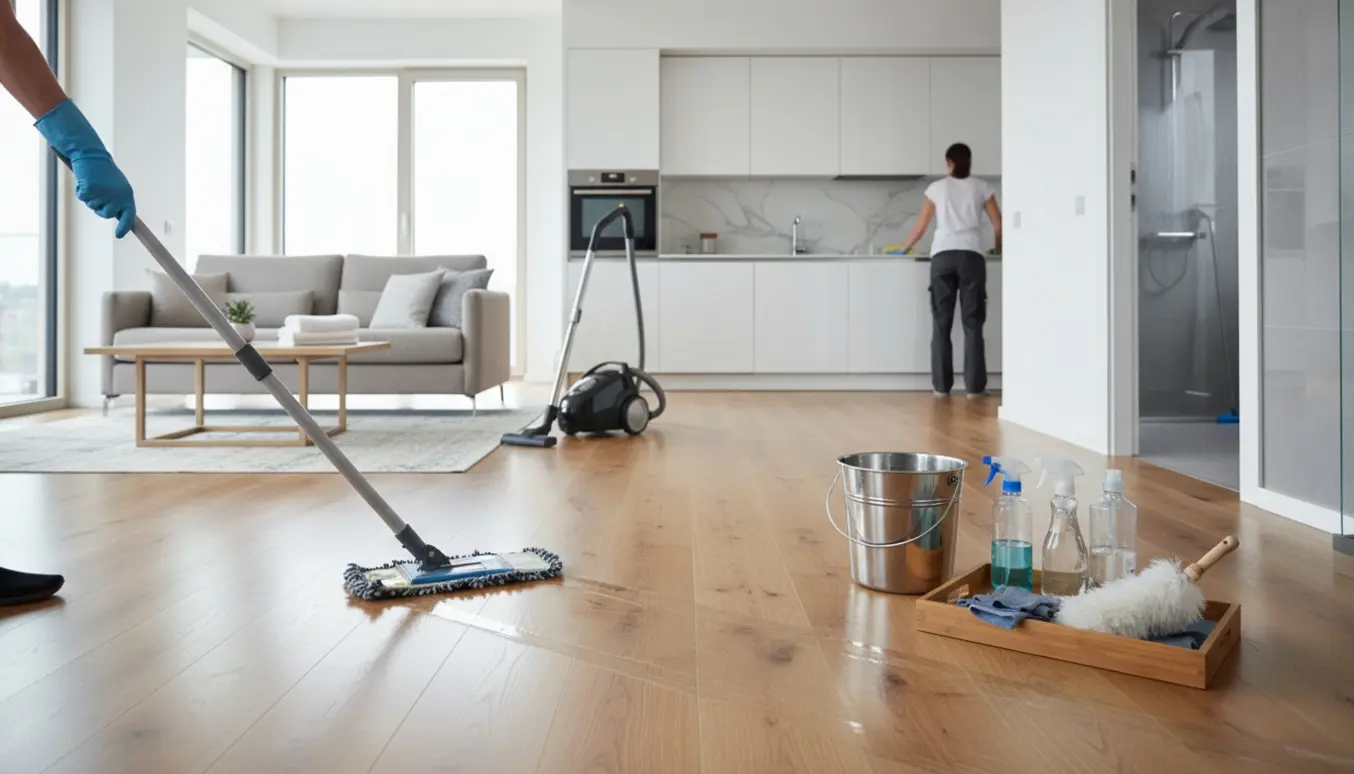 Hænder i handsker mopper et lyst trægulv i en moderne lejlighed med rengøringsudstyr og et ryddeligt opholdsområde i baggrunden.