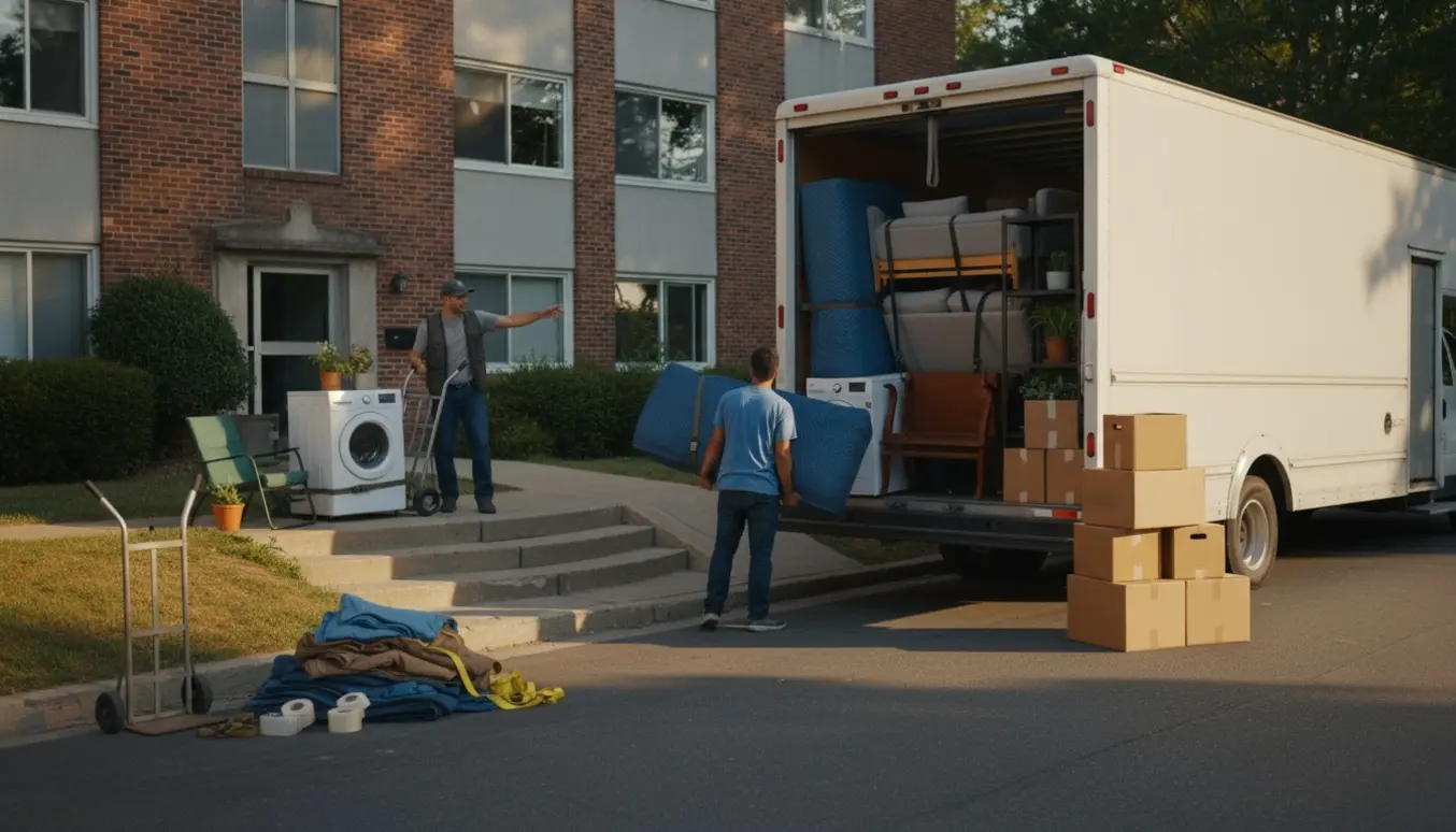 Flyttebil og flyttekasser foran en lejlighed, hjælpere bærer møbler op ad trappen uden synlige ansigter.