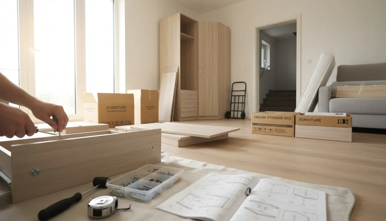 Delvist samlede fladpakker til seng, skuffer og Pax-garderobe i en lys stue med hænder, værktøj og emballage.