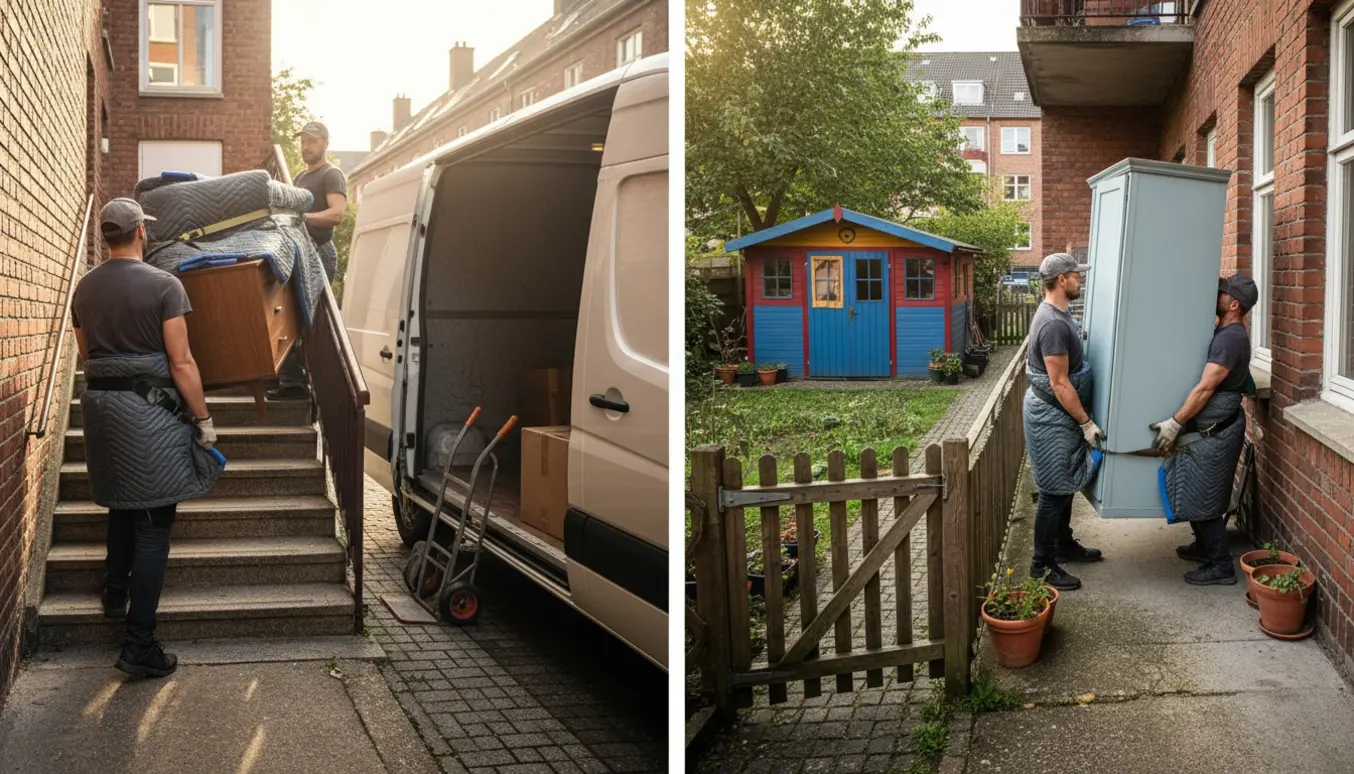 To flyttemænd bærer en kommode mod en varevogn, mens et skab flyttes fra 4. sal mod en kolonihave.