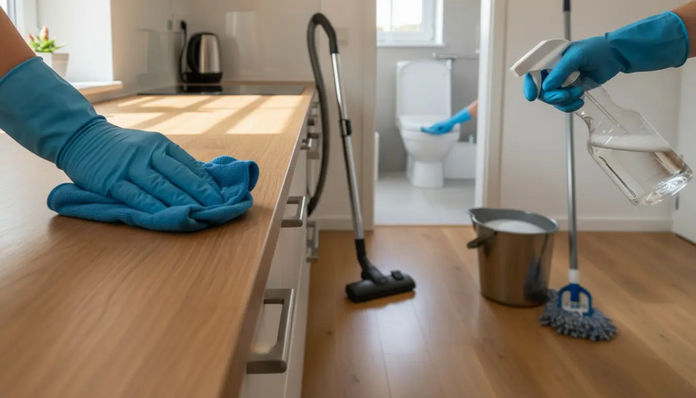 Hænder i gummihandsker gør rent i en lys, moderne lejlighed med støvsuger, moppe og rengøringsudstyr.