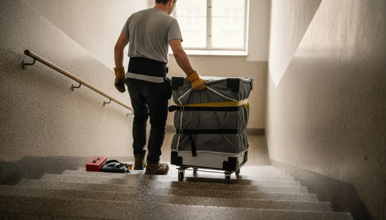 En person trækker en vaskemaskine ned ad en bred betontrappe i et alment boligbyggeri set bagfra.