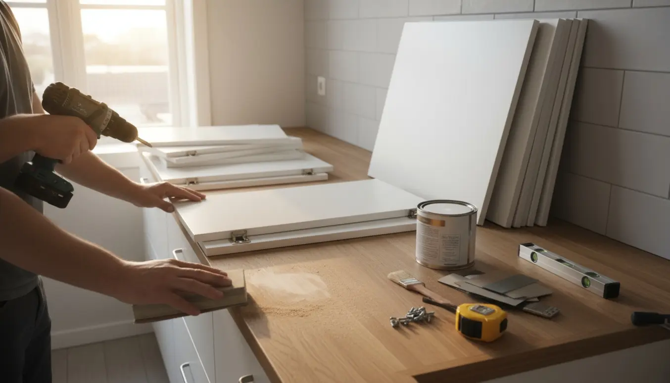 Hænder monterer en ny køkkenskabslåge mens en træbordplade er delvist slebet og lakeres.