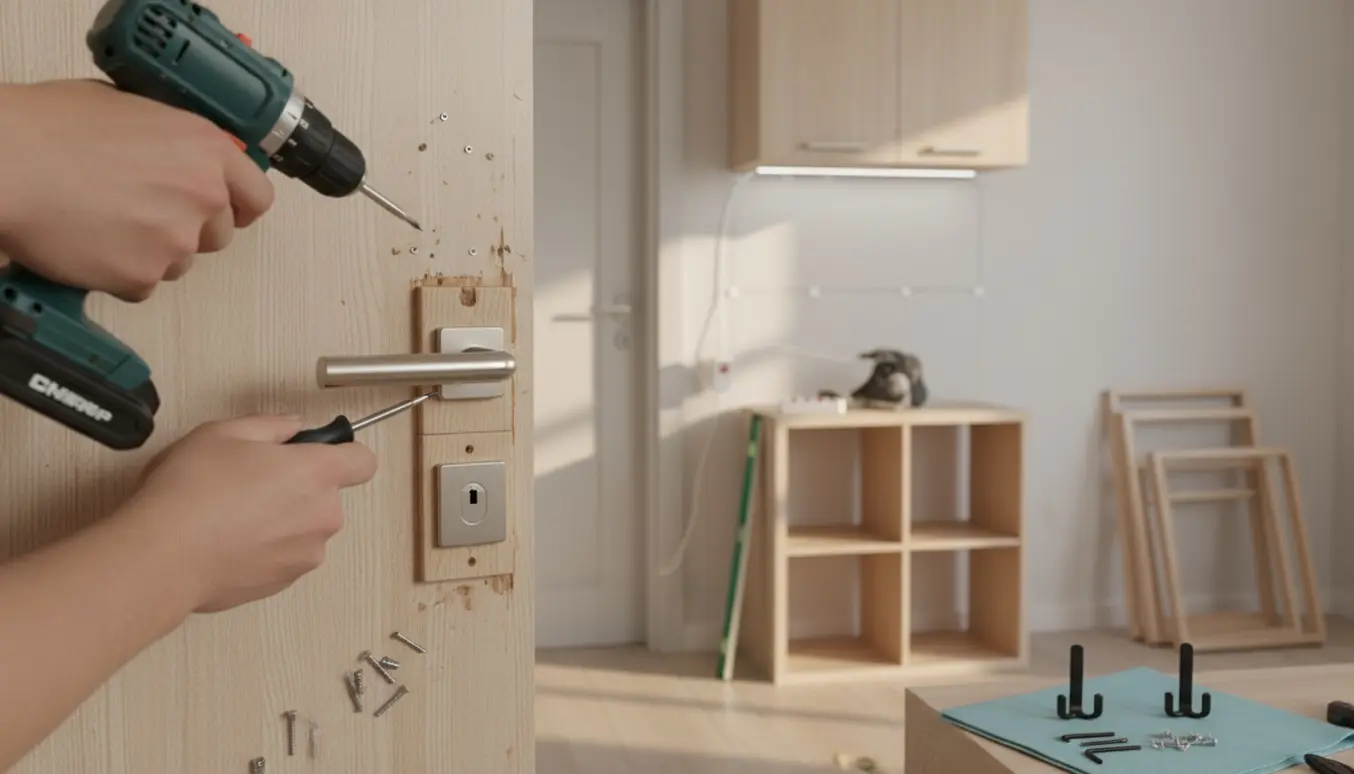 Hænder monterer et nyt dørhåndtag i en lys lejlighed med værktøj, hyldemarkeringer og ledning under et skab.