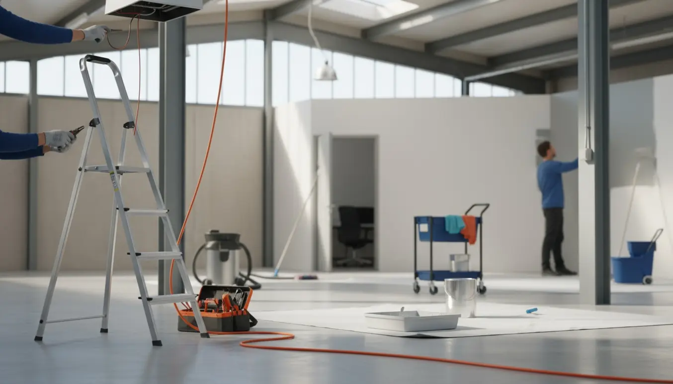 Industrihal under smårenovering med elektrikerudstyr, nymalet væg og rengøringsvogn.
